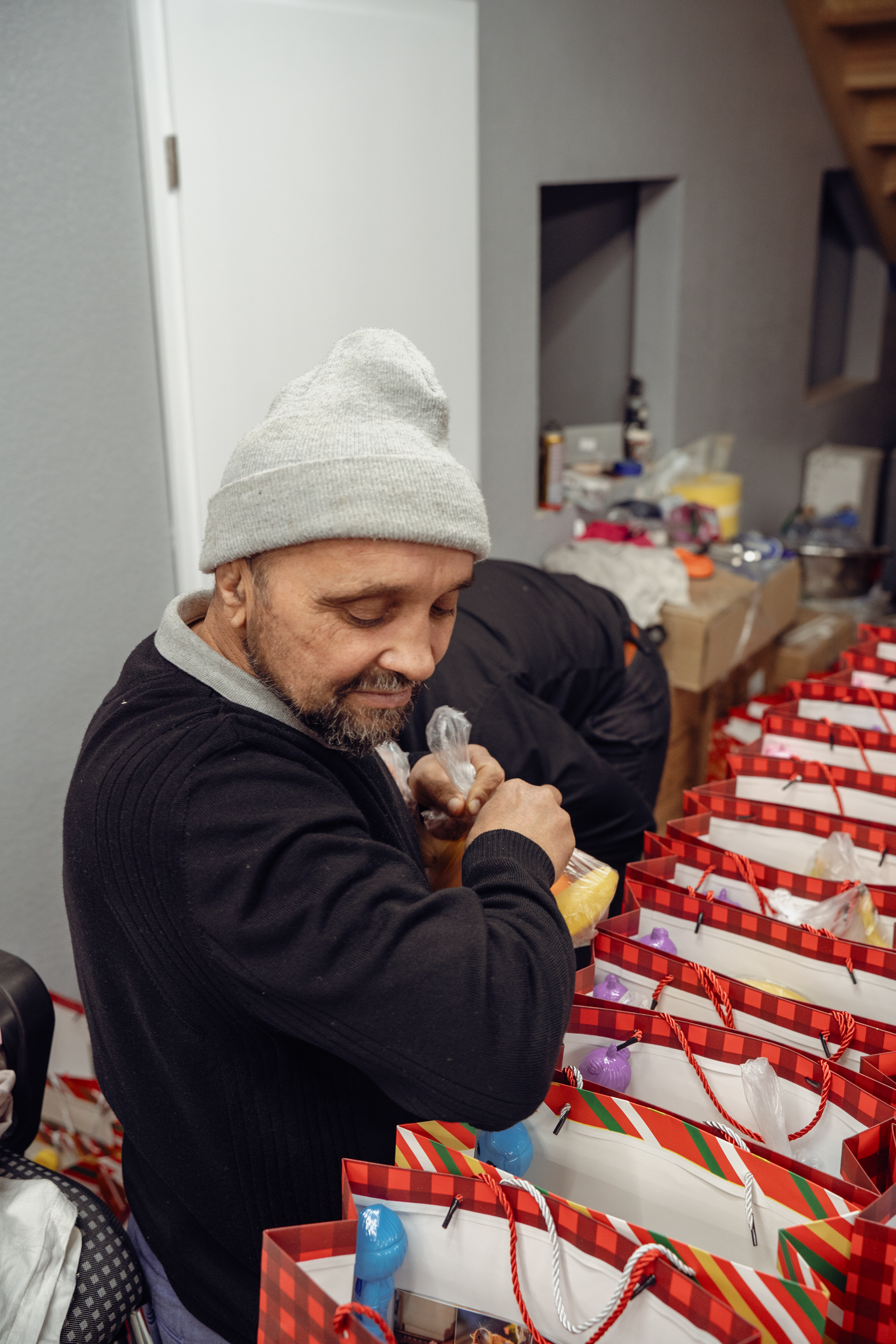 Volunteers packing gifts